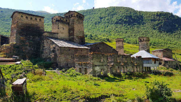 The tower-houses of the village of Ushguli in Svaneti in Georgia stock photo