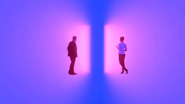 Photo of people in front of the door emitting neon light