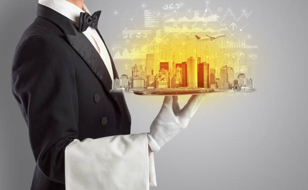 Waiter serving big city on tray