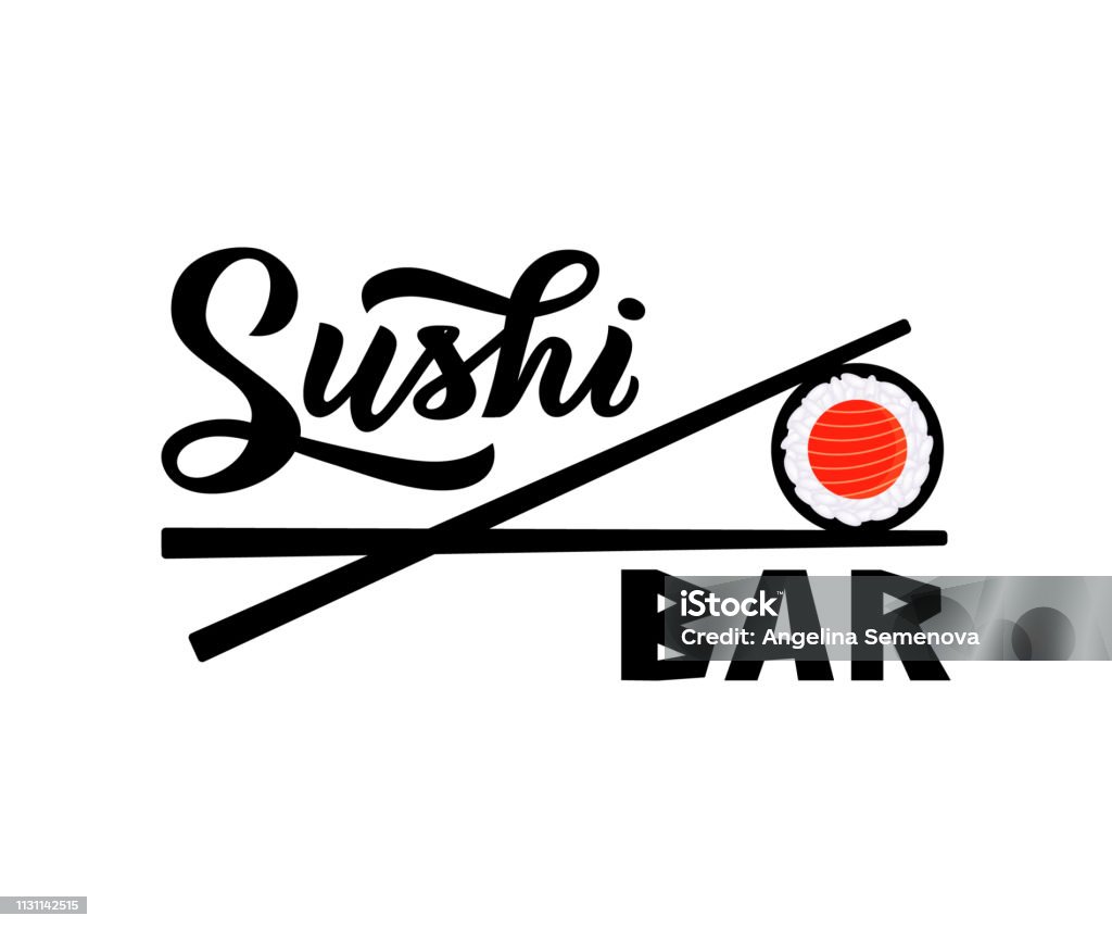 Sushi bar lettering calligrafia moderna, emblema del cibo giapponese con forma icona di sushi, rotolo e bastoncini. Logo vettoriale - arte vettoriale royalty-free di Sushi