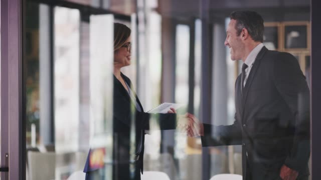4k video footage of a businessman and businesswoman shaking hands in a modern office
