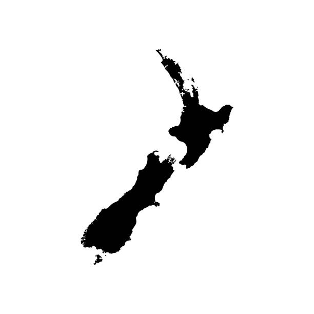 Vector isolated illustration icon with black shape silhouette of simplified map of New Zealand Vector isolated illustration icon with black shape silhouette of simplified map of New Zealand (Oceania state). White background new zealand stock illustrations