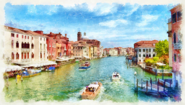 canal grande veneziano con barche, imitazione digitale della pittura ad acquerello - canal sea journey romance foto e immagini stock