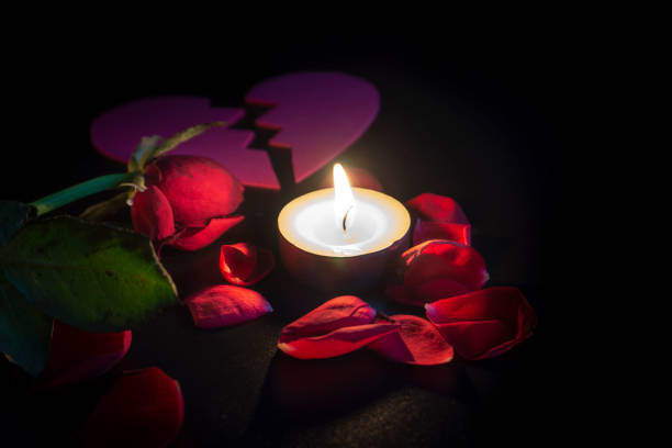istock Tea candle, red rose and rose petals on black 1131147184