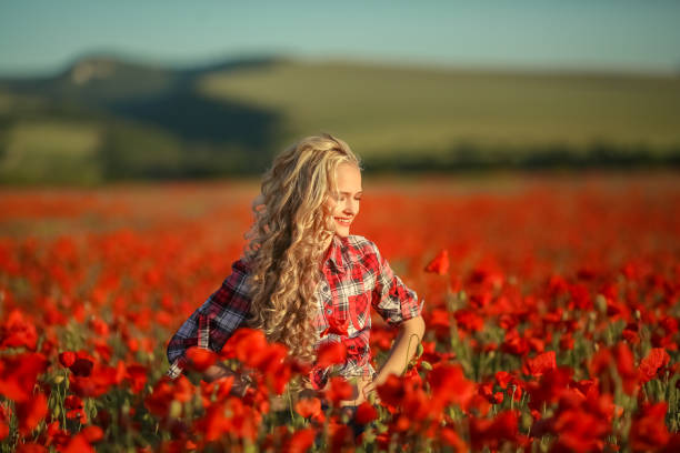 portrait of a girl on the street with a wreath of poppy flowers on the head - village traditional festival agricultural fair school carnival imagens e fotografias de stock