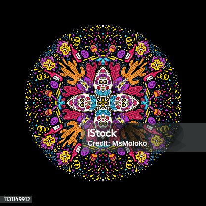 istock Dia de los Muertos, Day of the Dead vector illustration. Round design for card, banner or flyer with sugar skull and floral elements. 1131149912