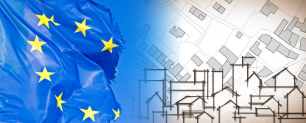 istock Planning building activity in Europe - concept image with an imaginary city map against an European flag 1131150963