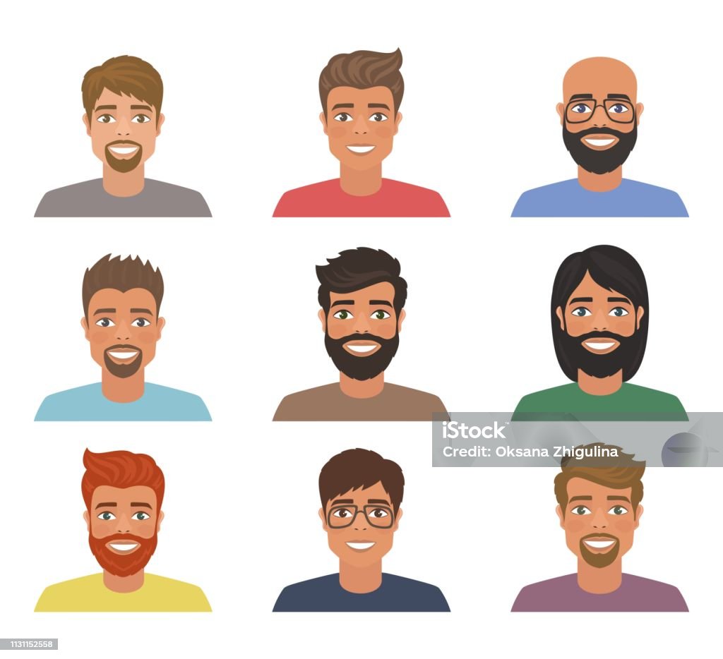 Set Of Mens Avatars With Various Hairstyle Long Or Short Hair Bald With  Beard Or Without Stock Illustration - Download Image Now - iStock