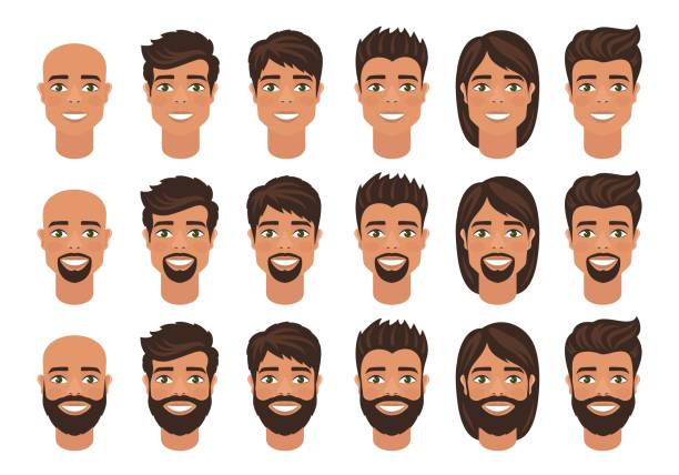 stockillustraties, clipart, cartoons en iconen met set van mens avatars met verschillende kapsel: lang of kort haar, kaal, met baard of zonder. - kort haar