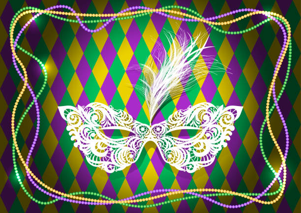 illustrations, cliparts, dessins animés et icônes de masque de mardi gras avec des plumes sur un cadre de perle de couleur. illustration vectorielle eps10 - mardi gras backgrounds bead purple