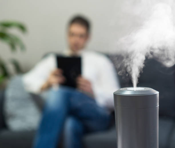 istock Air humidifier at living room. Man using tablet pc on the background. 1131152679