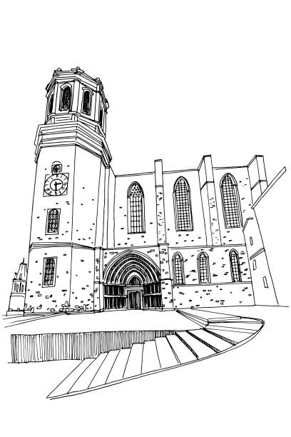 傑羅納大教堂的向量素描。西班牙。 - girona 幅插畫檔、美工圖案、卡通及圖標