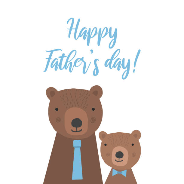 Cute childish card with bears for Fathers day Cute childish card with two brown cartoon bears for Happy Fathers day. Greeting illustration with bear father and little son for parents poster design, family events decoration funny fathers day stock illustrations