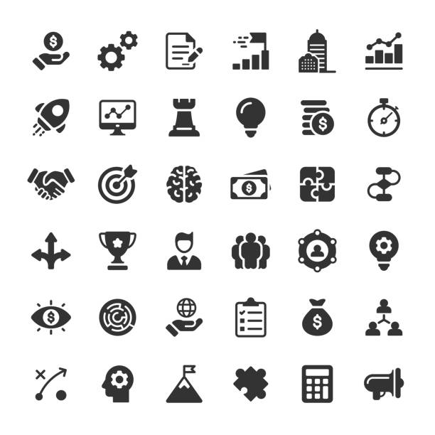 ilustrações de stock, clip art, desenhos animados e ícones de business glyph icons. pixel perfect. for mobile and web. contains such icons as business strategy, consulting, finance, management, human resources, start up, teamwork. - onboarding