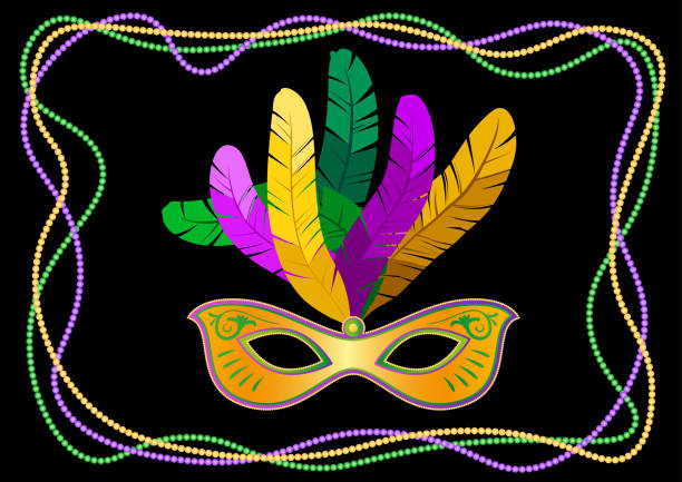 illustrations, cliparts, dessins animés et icônes de masque de mardi gras avec des plumes sur un cadre de perle de couleur. illustration vectorielle eps10 - mardi gras backgrounds bead purple