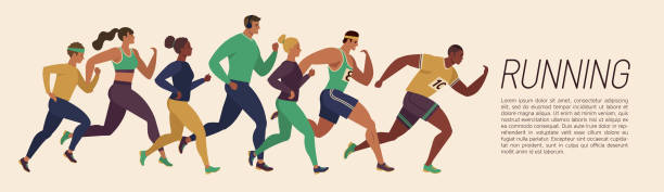 ilustraciones, imágenes clip art, dibujos animados e iconos de stock de correr a la gente. grupo de corredores en movimiento. running hombres y mujeres deportes de fondo. carrera de corredores de la gente, entrenamiento a maratón, jogging y ilustración corriente. - correr ilustraciones