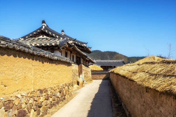 Andong Hahoe Folk Village is UNESCO world heritage famous travel iconic destination in Andong, South Korea. Traditional korean style houses and homes along the narrow streets.