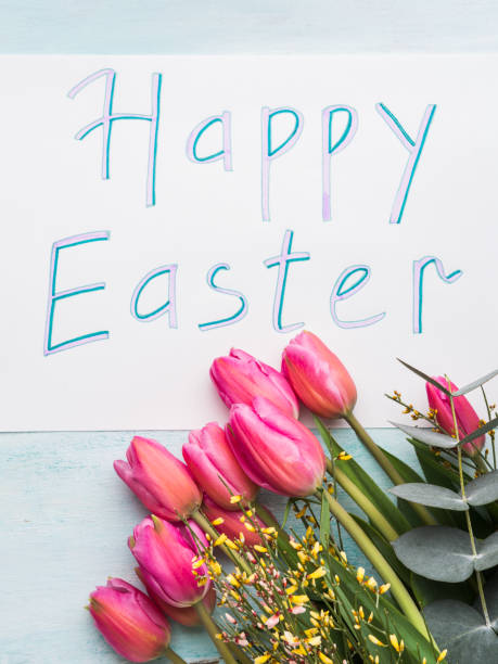 istock Beautiful tulips. Wishing Happy Easter card 1131157241