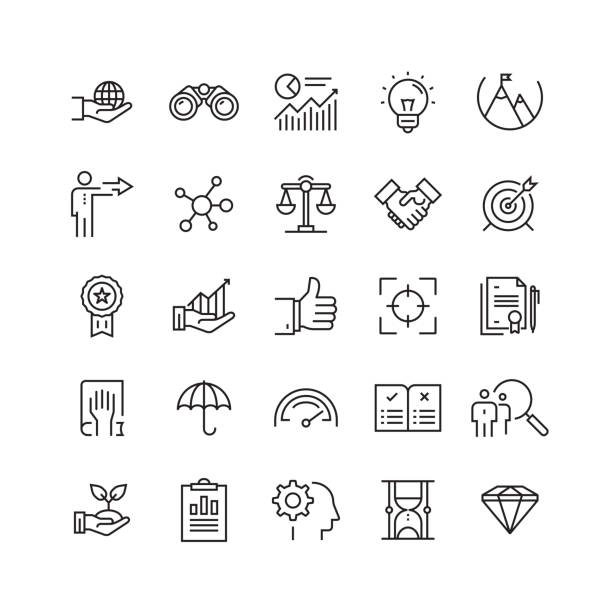 ilustraciones, imágenes clip art, dibujos animados e iconos de stock de valores principales iconos de línea vectorial relacionados - focus