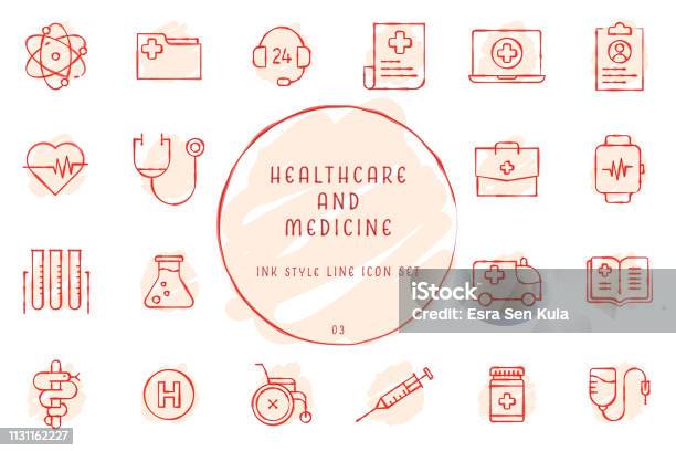 Hand Drawn Outlined Inked Sketchy Healthcare And Medicine Icon Collection Stock Illustration - Download Image Now