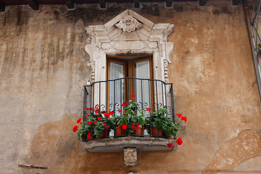Geranios rojos en el balcón barroco en Scanno photo