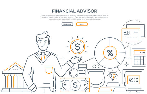 Financial advisor - modern line design style web banner Financial advisor - modern line design style web banner on white background with copy space for text. A composition with a young male specialist, assistant, images of bank cards, safe, wallet, coins financial advisor percentage sign business finance stock illustrations