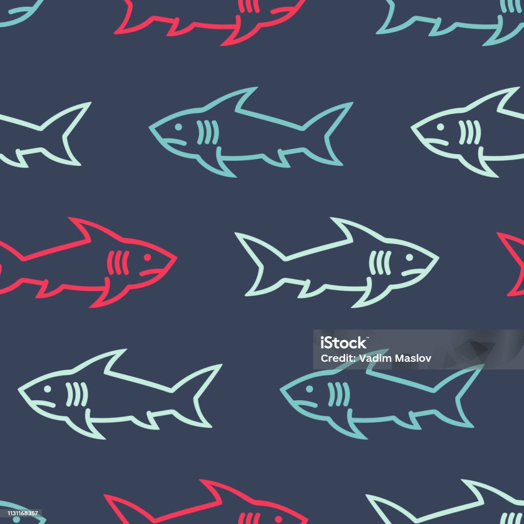 Sharks colored abstract seamless pattern. Seamless pattern with shark line symbols, design elements. Can be used for invitations, greeting cards, scrapbooking, textile print, gift wrap, manufacturing. Vector background. Shark stock vector