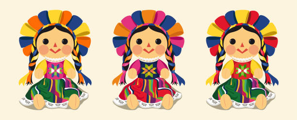 ilustrações, clipart, desenhos animados e ícones de boneca tradicional mexicana, jogo de maria - paleta de cores