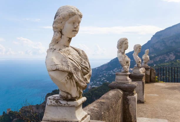 Beautiful view on a statues and Mediterranean Sea from villa Cimbrone, Ravello, Amalfi coast, Italy.