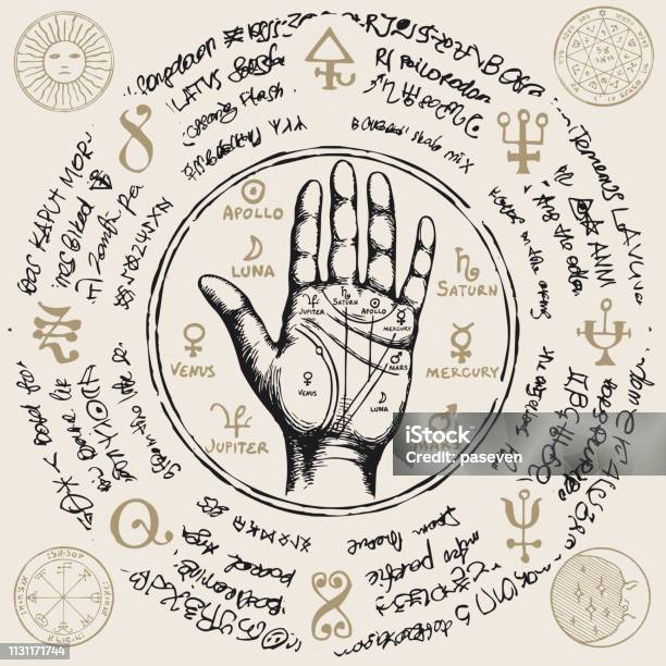 Palmistry Map On Open Palm With Old Magic Symbols Stock Illustration - Download Image Now - Palmistry Hand, Paranormal, Ancient