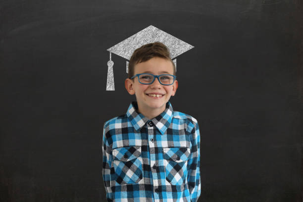 Education school boy child think idea blackboard