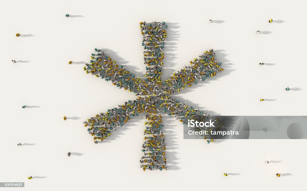 Large group of people forming asterisk symbol in social media and community concept on white background. 3d sign of crowd illustration from above gathered together Asterisk Stock Photo