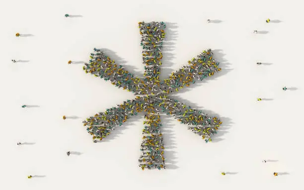 Large group of people forming asterisk symbol in social media and community concept on white background. 3d sign of crowd illustration from above gathered together