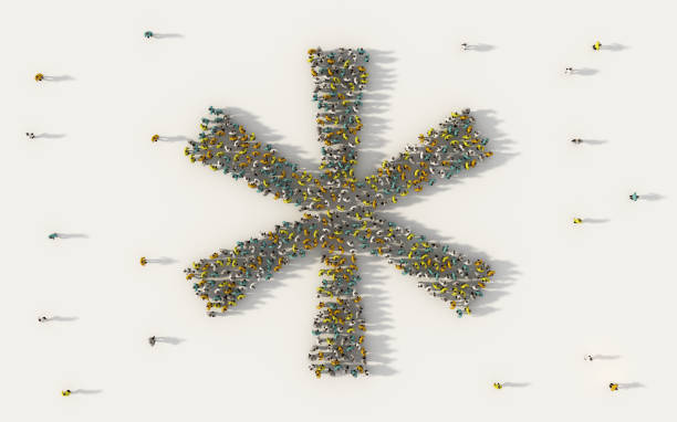 large group of people forming asterisk symbol in social media and community concept on white background. 3d sign of crowd illustration from above gathered together - asterisk imagens e fotografias de stock