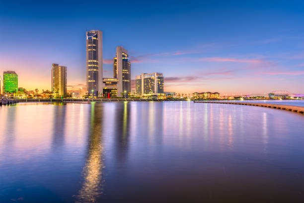 Corpus Christi, Texas, USA skyline on the bay in the evening.