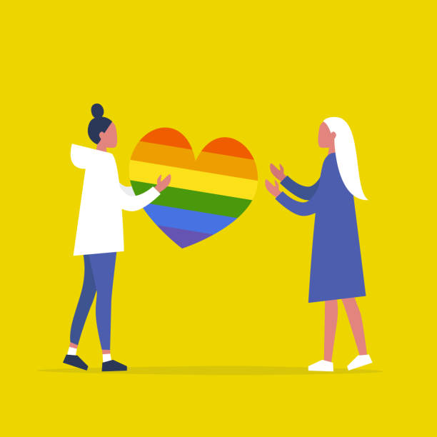 ilustrações, clipart, desenhos animados e ícones de lgbtq. um caráter novo que emite um coração grande do arco-íris a outro. relações. amor. romance. casal lésbico. emoções. ilustração editable lisa do vetor, arte de grampo - bi sexual illustrations