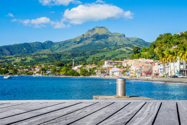 From Saint Pierre Pontoon in Martinique beside Mount Pelée volcano From Saint Pierre Pontoon in Martinique beside Mount Pelée volcano pele stock pictures, royalty-free photos & images