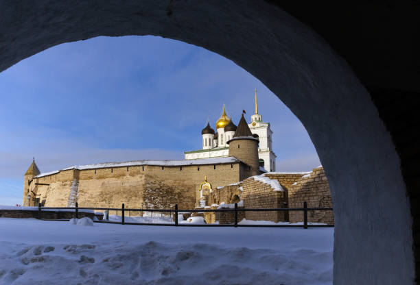 istock Trinity cathedral Pskov. Kremlin Russia. Ancient fortress on the river bank. 1131178420