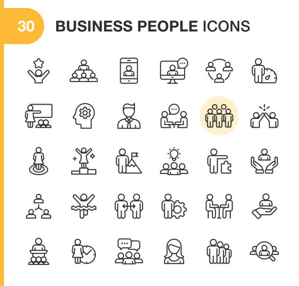 비즈니스 사람들 라인 아이콘입니다. 편집 가능한 스트로크. 완벽 한 픽셀. 모바일 및 웹에 적합 합니다. 스마트 폰, 인적 자원, 공동 작업, 리더십, 회의와 같은 아이콘이 포함 되어 있습니다. - choice business team people stock illustrations