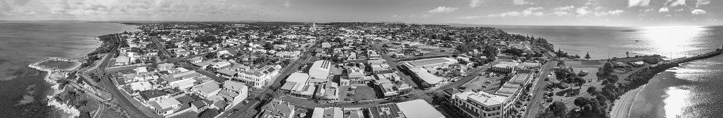 Kingscote, Kangaroo Island. Aerial view of cityscape and coastline on a sunny day.
