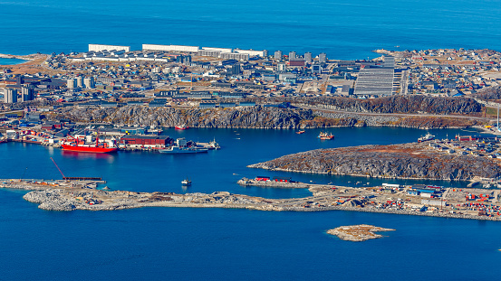 Nuuk city downtown and port panorama view from the top of Store Malene, Greenland