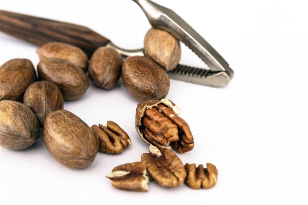 Dry pecan nuts on sacks backgrund.