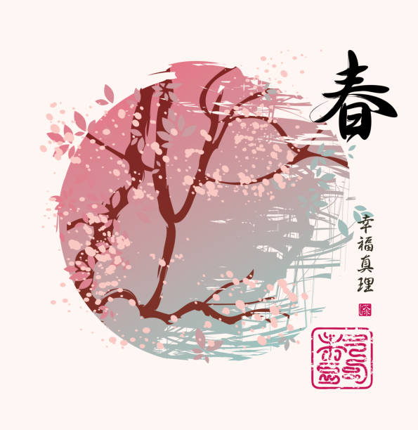 весенний пейзаж с деревом и китайскими иероглифами - tree watercolor painting leaf zen like stock illustrations