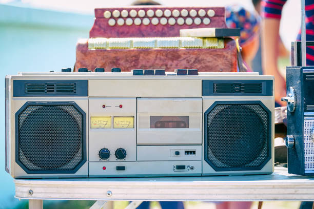 istock Old cassette recorder of silver color on table 1131182208