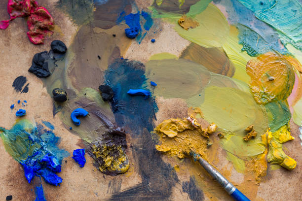 istock Colorful oil paints on palette. 1131183579