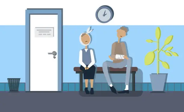 Vector illustration of In the corridor of the clinic waiting for patients - a man and a woman. Vector image in flat design style.
