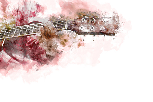 Abstract beautiful playing acoustic Guitar in the foreground on Watercolor painting background and Digital illustration brush to art.