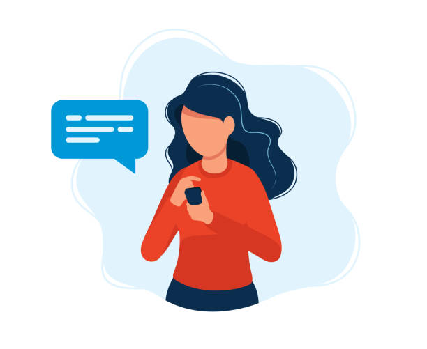 有智慧手機的女人概念插圖, 短信, 短信, 聊天, 社交媒體, 客戶援助, 會議通過互聯網, 通信。明亮的五顏六色的向量例證。 - 網上通訊 插圖 幅插畫檔、美工圖案、卡通及圖標