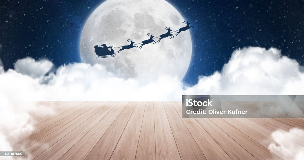 Empty Stage at Night Sky, Christmas Version. Empty Stage at Night Sky with Santa Claus, Snow, Moon and Clouds, Side View. Christmas Stock Photo