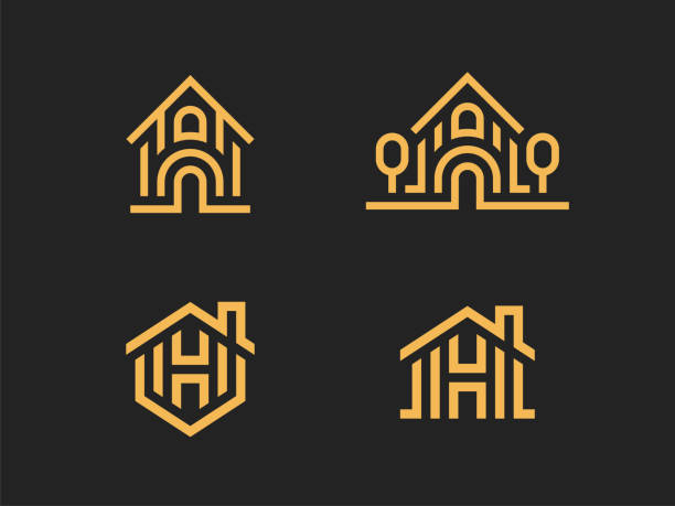 Set of 4 vector signs. Abstract houses. Security houses, home and property protection, real estate sales, home renovation, architecture, landscape design and much more. Set of 4 vector signs. Abstract houses in a linear style. Security houses, home and property protection, real estate sales, home renovation, architecture, landscape design and much more. real estate logos stock illustrations